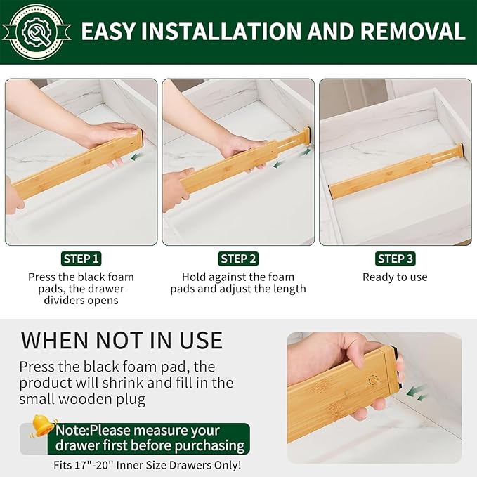 4 Pack Bamboo Drawer Dividers 2.6" High,Adjustable Spring Loaded Clothes Drawer Organizers for Kitchen, Dresser, Bathroom, Bedroom and Office