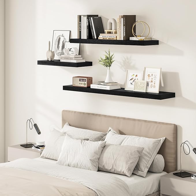 Vivelove 2 inch Thick Floating Shelves for Wall 48 Inches Long, 12" Deep Wall Shelves, for Bedroom, Bathroom, Living Room, Kitchen, Office, Modern Home Decor, 48" X 12" X 2", Set of 2, Black
