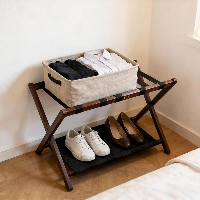 Walnut Bamboo Luggage Racks Set of 2 ,with 5 Nylon Straps, Foldable， Double-Layer Storage Shelf，26.18"L for Bedroom/Guest Room/Hotel (Walnut -2pack)
