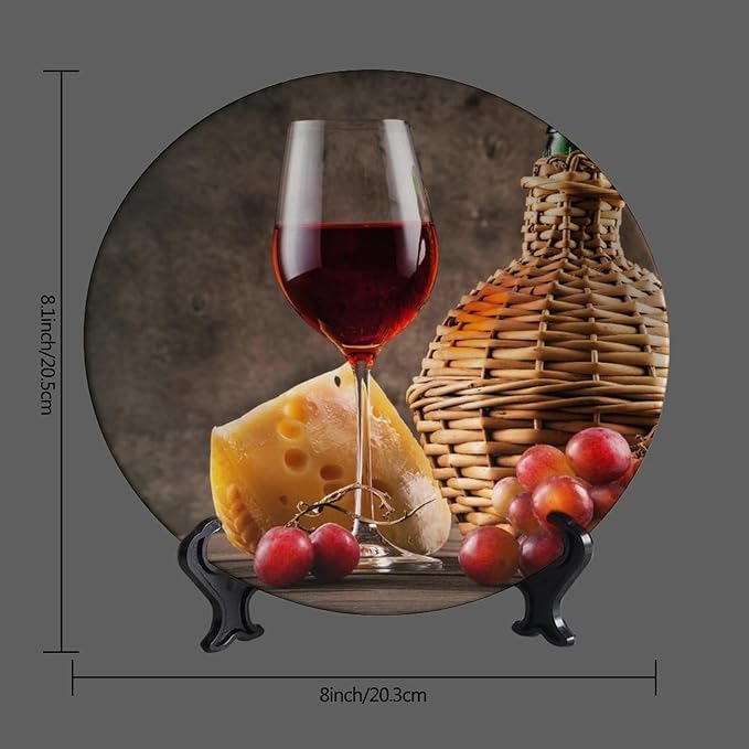 Wine Decorative Plates, 8 Inch, Cheese Grapes and Wineort Round Display Plate, Home Wobble-Plate with Display Stand, for Home Kitchen Bedroom Decorative Ornaments