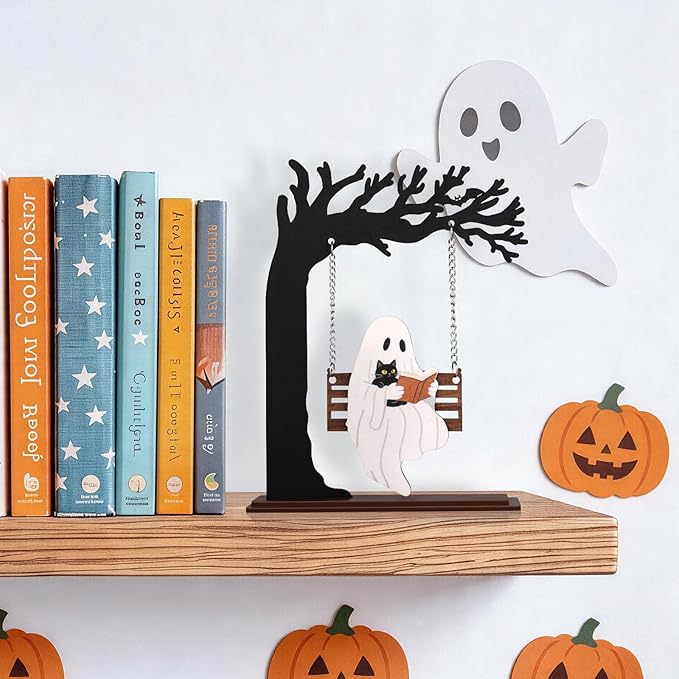 Funny Halloween Desktop Swing Decor, Spooky Indoor Home Decor for Living Room/Kitchen/Tabletop, Gothic Fall Themed Desktop Ornament, Unique Halloween Decoration for Women (Ghost)