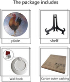 Rooster Decorative Ceramic Plates, 8 Inch, Watercolor Painting Rooster Round Display Plate, Table Top Plate Decor with Stand, for Home Kitchen Bedroom Decorative Ornaments