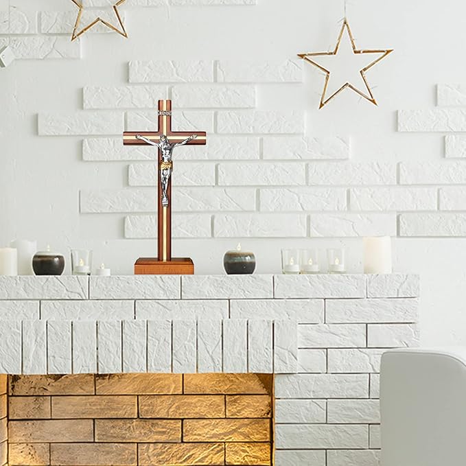 KUXBET Standing Crucifix Cross with Detachable Stand 10.6 Inch Catholic Wooden Jesus Christ Wall Hanging Cross for Home Decor - Antique Gold (10.6" L x 5.2" W)