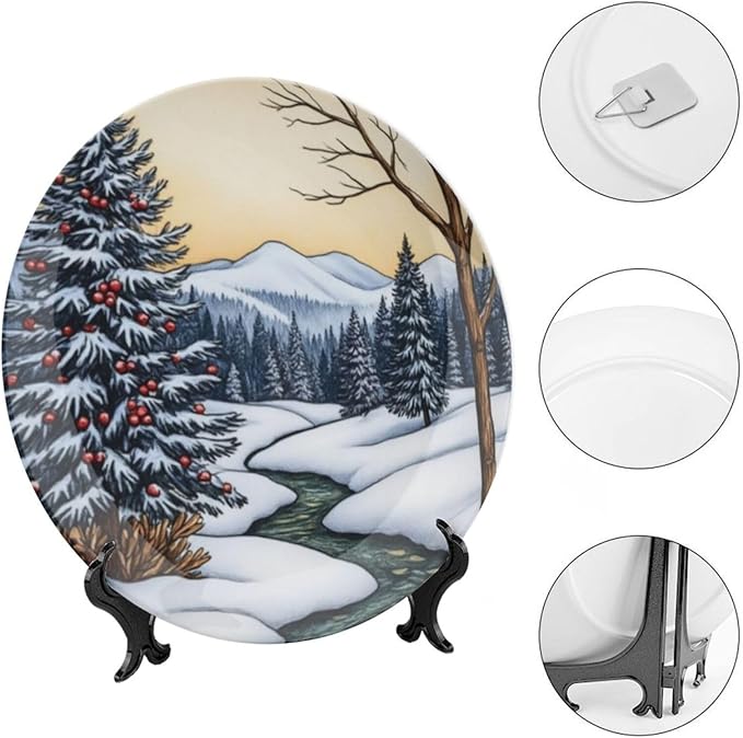 Cedar Theme Decorative Ceramic Plate Round Porcelain Plate,6 inch,Winter Watercolor Scene Pattern,for Decorative Ornaments Giving Plates,1 Plate with 1 Display Stand,Blue White