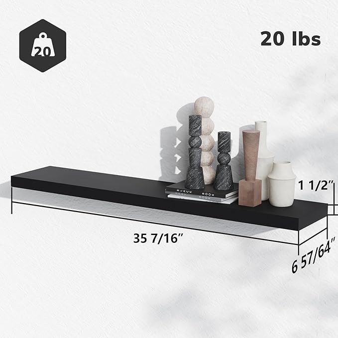 BAMEOS Floating Shelves, 35 x7 Wide Display Shelf with Invisible Brackets, Set of 2 | Gallery Wall & Accent Décor Shelf for Bedroom, Living Room & Entryway Black