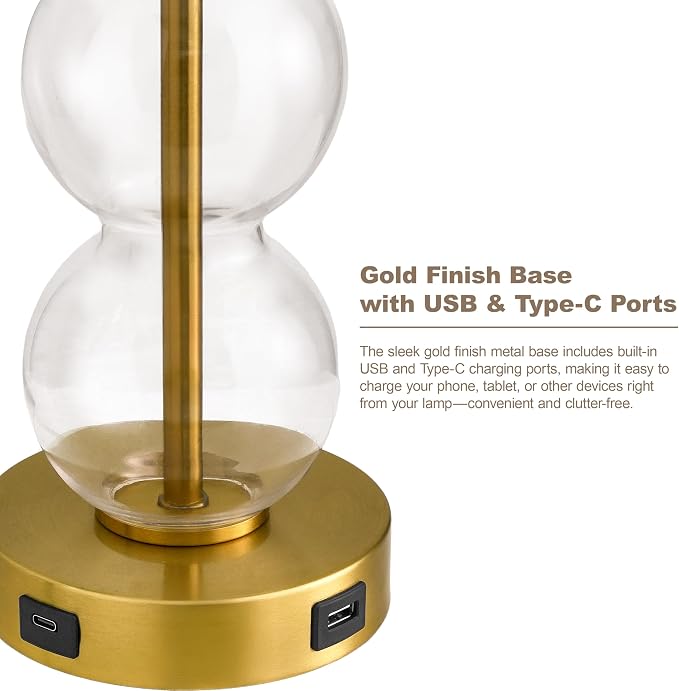 Oneach 25" Glass Table Lamps Set of 2, Gold Modern Table Lamps with USB Ports for Living Room, Linen Shade Bedside Lamps for Bedroom, Nightstand, Side Table (Bulbs not Included)