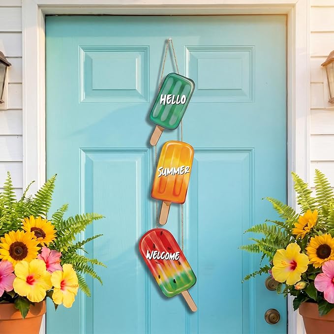 Summer Door Decorations Ice Cream Hanging Sign, Hello Summer Welcome Wood Hanging Wreath Sign, Watercolor Vintage Porch Wall Decor, 26.2 x 10.2 Inch Wooden Wreath for Front Door Indoor Outdoor