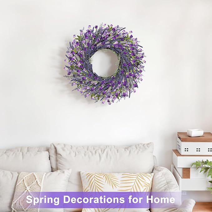 LZNPA 26 Inch Large Lavender Wreath for Front Door Greenery Summer Spring Wreaths for Front Door Wreaths for Front Door All Seasons for Wedding Farmhouse Wall Porch Window Decor(Purple Lavender)