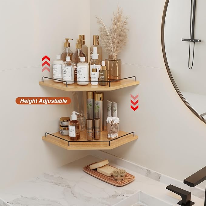 JJL Corner Shelf Wall Mounted, 12 Inches 2-Tier Floating Corner Shelf, Hexagon Rustic Wood Decor with Fence, Natural Wood Grain Storage for Apartment Bedroom Kitchen Bathroom