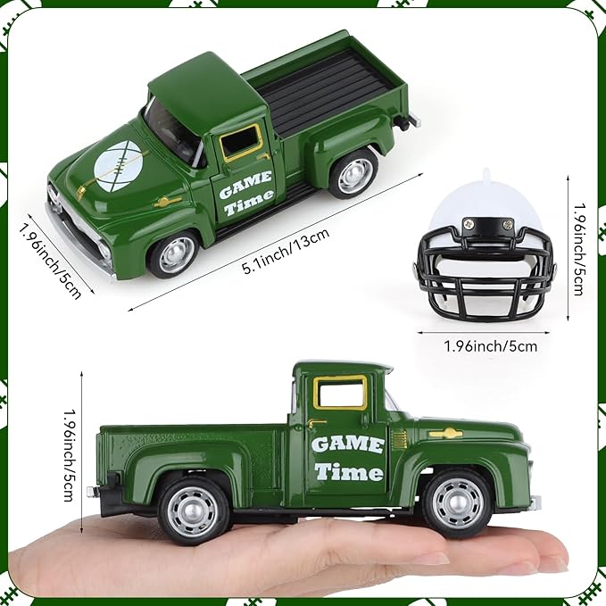 Football Metal Truck with White Football Helmet Farmhouse Vintage Green Truck Decor for Room Farm Metal Car Home Decors Mini Vintage Car Collectible Gift for Home Desk Bookshelf