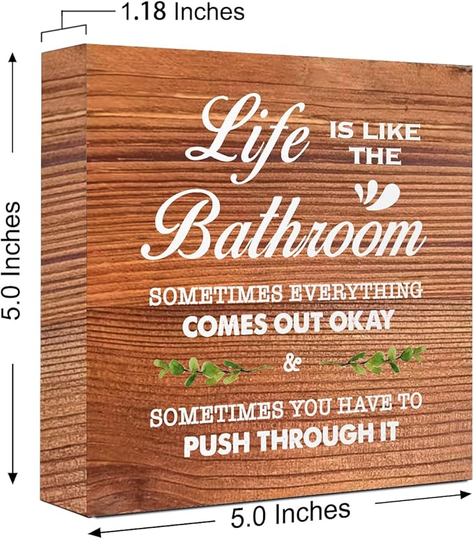 Brown Life is Like The Bathroom Wooden Box Sign Desk Decor,Funny Bathroom Wood Block Sign for Farmhouse Toilet Shelf Decor