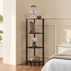 YUFAM 4-Tier Corner Shelf with Sturdy 5-Leg Base, Wooden Corner Bookshelf for Small Spaces, Corner Standing Shelf for Living Room, Bedroom, Office, Black