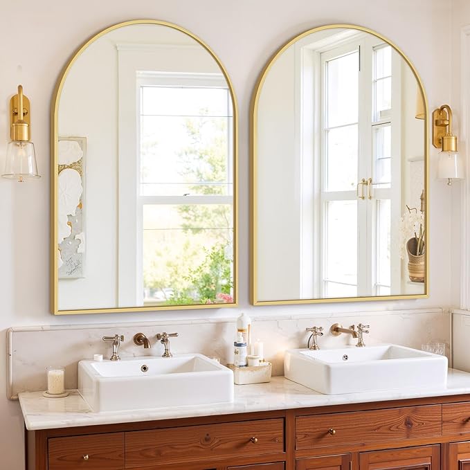 Bathroom Mirror for Wall, 36x24 Inch Arched Mirror, Matte Gold Metal Framed Bathroom Vanity Mirror for Restroom Farmhouse, Anti-Rust, Tempered Glass, Hanging or Leaning