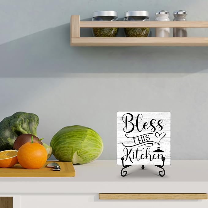 Kitchen Counter Decor, Table Decorations for Dining Room, Blessd Sign, Fun Farmhouse Kitchen Wooden Plaque with Iron Stand for Table Shelf Display-A02