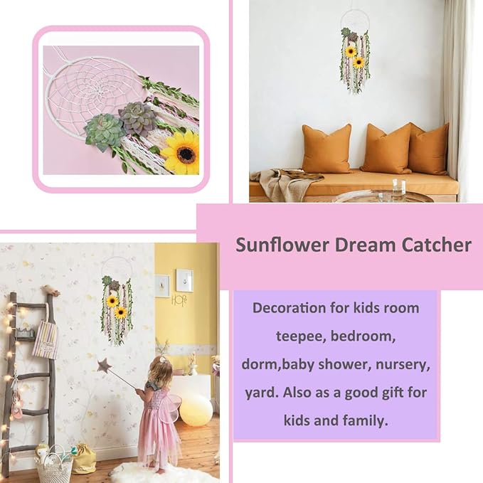 DrCor Sunflower Dream Catcher Bedroom Nursery Boho Floral Handmade Greenery Wall Hanging Decor for Party Office Teens Girls Kids Room Decor