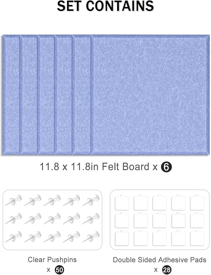 Hsurbtra Large Cork Board for Wall 36 x 24 Inch, 6 Pack Felt Bulletin Notice Board with Pushpins for Office Home School Farmhouse Wall Decor, Blue