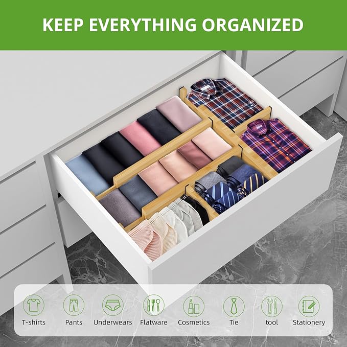 ANTOWIN 4 Pack Expandable Drawer Dividers, 4.7'' High, Extend from 12.2'' to 17.7'', Dresser Drawer Organizers, Bamboo Separators for Kitchen, Bedroom, Office, Bathroom (Natural)
