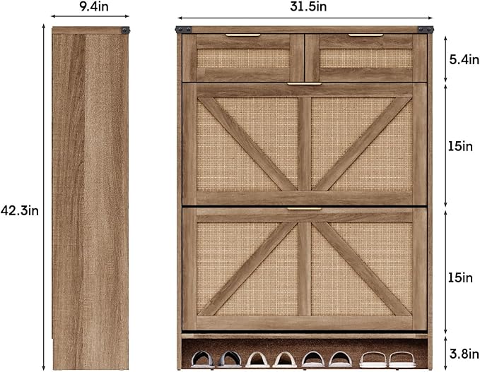 Shoe Cabinet with 2 Flip Drawers & 2 Drawers,Farmhouse Shoe Storage Cabinet for Entryway,Slim Freestanding Narrow Organizer Rack for Front Door Entrance,Rustic Oak Rattan