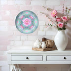 HABEN ARTWORK 10" Ceramic Plates for Display Pink Lotus Flower Butterflies Ornamental Geometric Mandala Design Blue Decorative Plate with Stand and Hook for Kitchen Dining Room Wall Hanging Decor