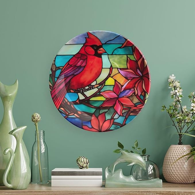 Decorative Plates, Cardinal Bird Stained Glass Design Display Plate for Home Office Kitchen Table Decor Porcelain Plates 6 Inch, Gifts for Loss of Loved