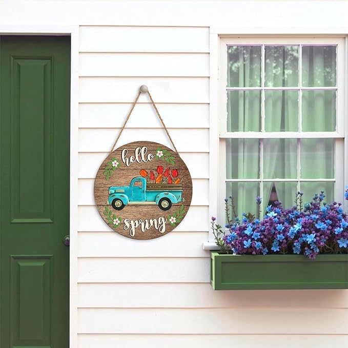 Harooni Hello Spring Blue Truck Welcome Sign for Front Door Spring Summer Wreaths for Front Door Tulip Flowers Pickup Wood Wreath Rustic Farmhouse Door Hanging Sign for Indoor Outdoor Decor 12 Inch