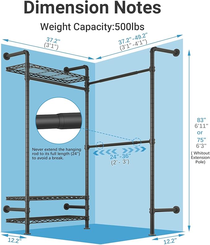 Timate L2 Wall Mounted Clothes Rack Industrial Pipe Clothing Rack for Hanging Clothes, Adjustable Expandable Garment Rack Heavy Duty Closet Organizer, Black Mounted Storage Industrial Closet System