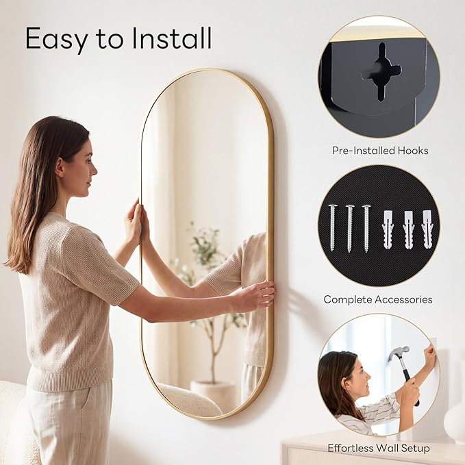 Sweetcrispy 24" x 48" Gold Bathroom Mirror for Wall, Oval Wall Mirrors with Metal Frame, Tempered Glass, Modern Vanity Mirror for Over Sink, Living Room, Bedroom, Entryway, Horizontal or Vertical