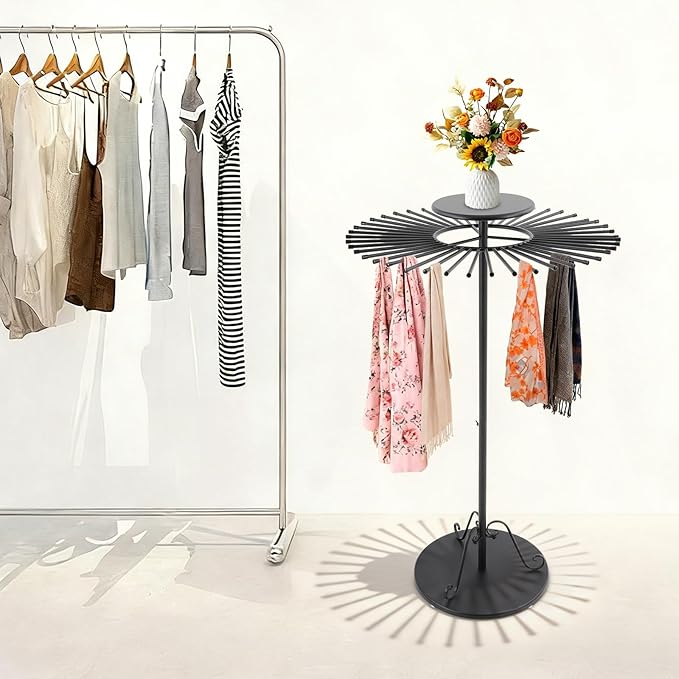 Scarf Display Stand 45-Arm Scarf Holder Organizer Freestanding Scarf Hanger 360° Rotating Rack for Home and Clothing Store (Black, 45 Rods)