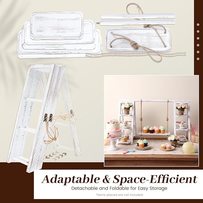 Wooden 3 Tiered Dessert Tray Stand Tool Free, Cupcake Serving Ladder Display Stand with Swing, Removable Trays and Foldable Stand for Cake Snack Fruit at Weddings, Anniversaries, Parties, Celebrations (White)
