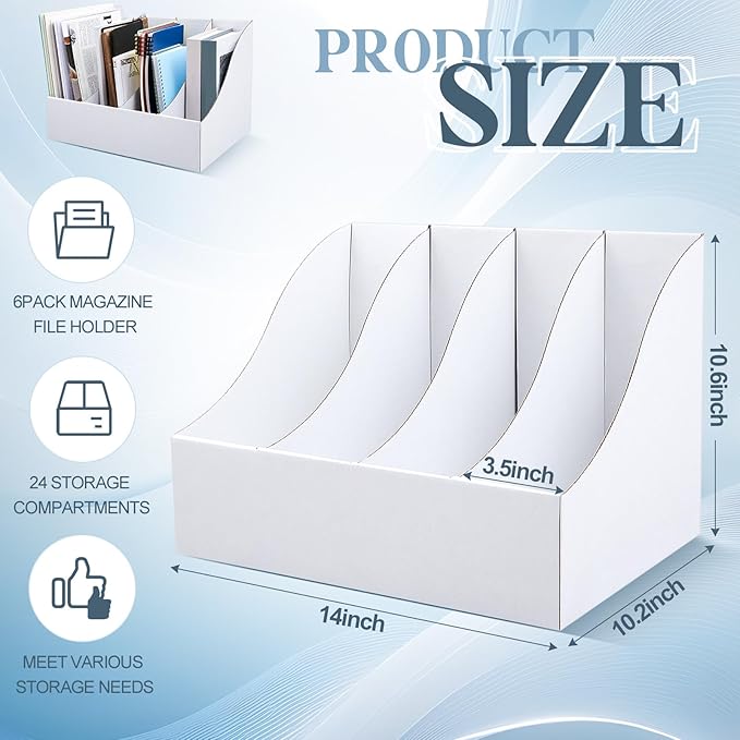 6 Pack Cardboard Magazine File Holders 24 Grids Vertical Book Bins 10.6'' x 10.2'' x 14'' Magazine Document Storage Box for Desk Shelves Home Office Classroom Library Use (White)