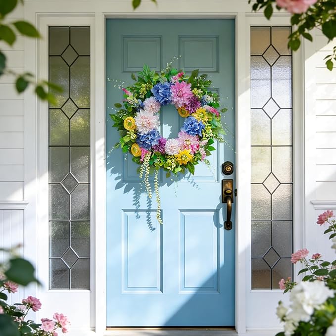 Spring and Summer Wreaths for Front Door 24 Inch Summer Wreath with Vibrant Dahlia, Gerbera Daisy & Primula Floral Arrangement - All Seasons Summer & Spring Door Wreath for Outside Decor