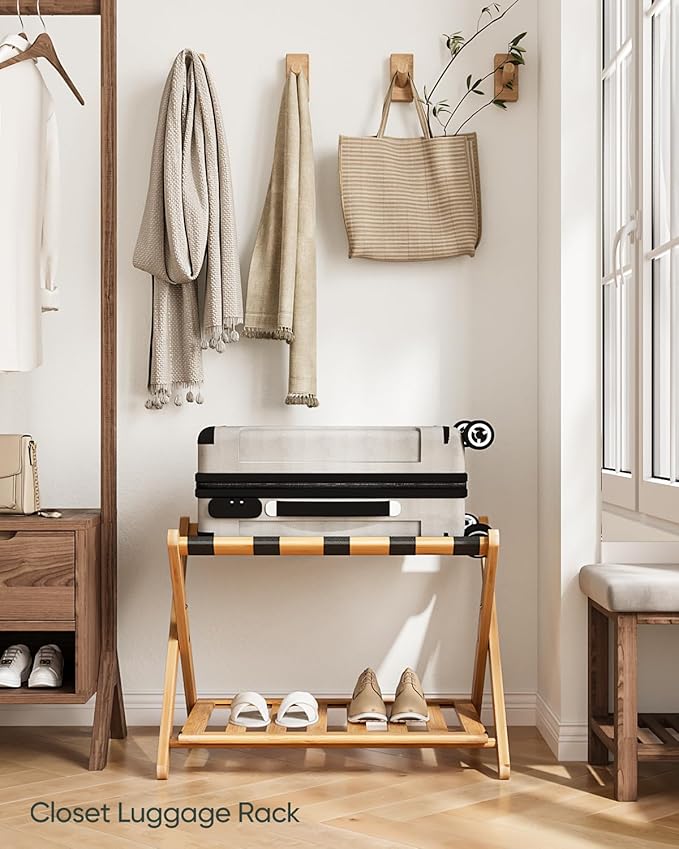 Fully Assembled Luggage Racks Pack of 2, Folding Suitcase Stand with Storage Shelf, Bamboo Luggage Stand with 5 Nylon Straps for Guest Room, Bedroom, Heavy Duty, Natural