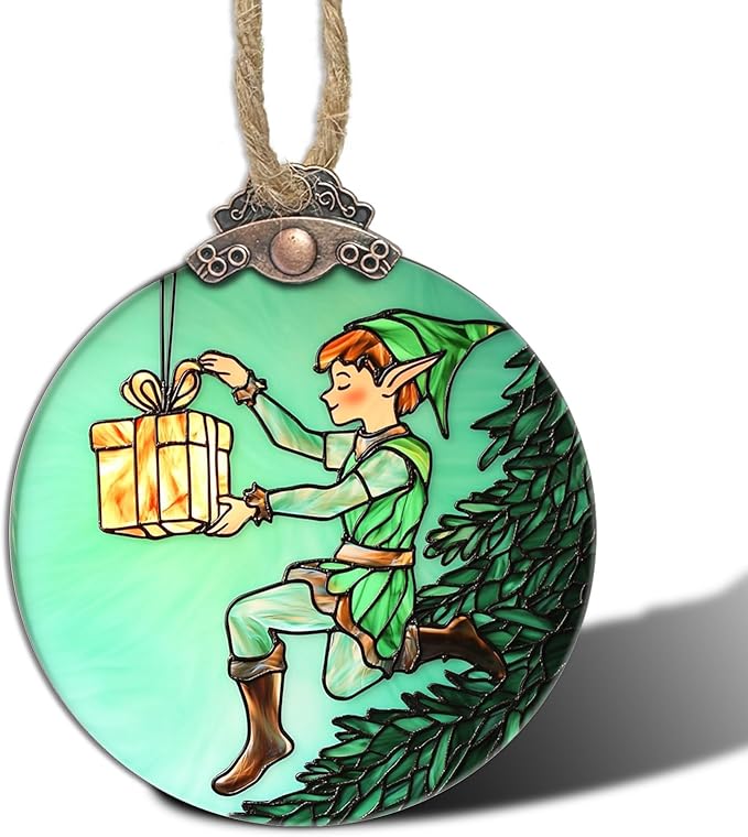 Stained Glass Christmas Decorations, Green Elf Prince Gift Suncatcher for Window Christmas Tree Hanging Ornaments Sun Catcher Xmas Decor Gifts for Women Men Mom Nana Friend Girl Boy