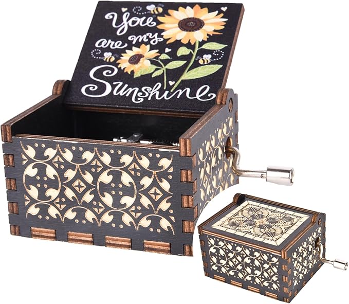 You are My Sunshine Wood Music Boxes, Laser Engraved Vintage Wooden Sunshine Hand Crank Musical Box Gifts for Birthday/Christmas/Valentine's Day/Mothers Day/Anniversary