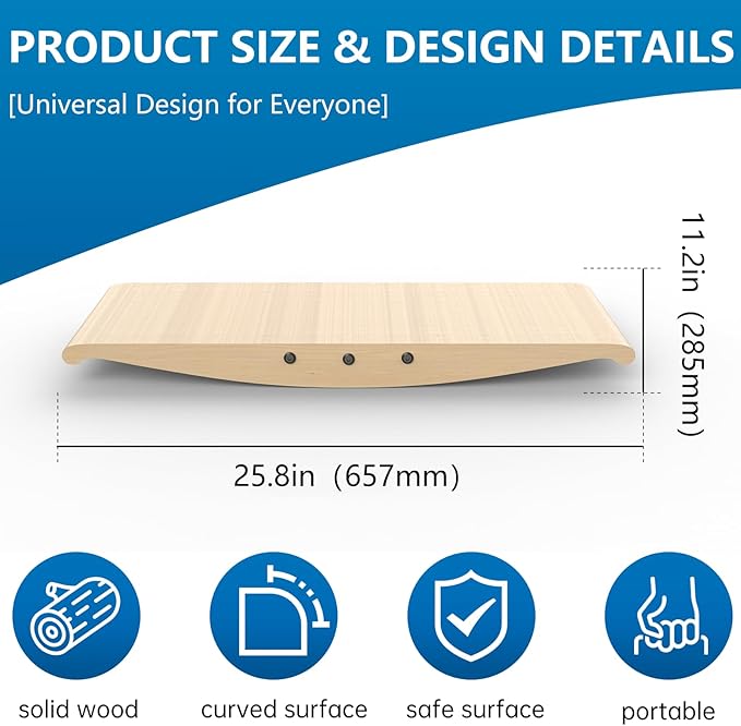 Wood Balance Board for Standing Desk - 360° Wobble Board for Anti-Fatigue & Core Strength Training - Anti-Slip Rocker for Surf, Skate & Ski Simulation, Supports 330lbs