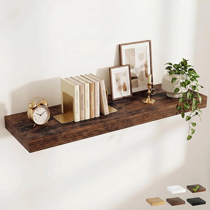 FLYJOE 48 Inch Long Floating Shelves for Wall Set of 1, 12" D Wood Grain Bathroom Shelves with Invisible Brackets, Easy Install Engineered Wood Storage Shelves for Kitchen, Living Room, Bedroom