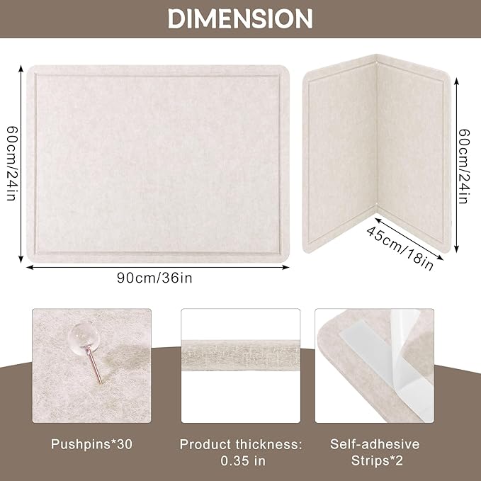 Thboxes Bulletin Board, 36" x 24" Foldable Cork Board Felt Pin Boards with 35 Pushpins Self-Adhesive Photo Decorative Felt Boards for Walls, Office, School, Classroom, Home, Bedroom - Oatmeal