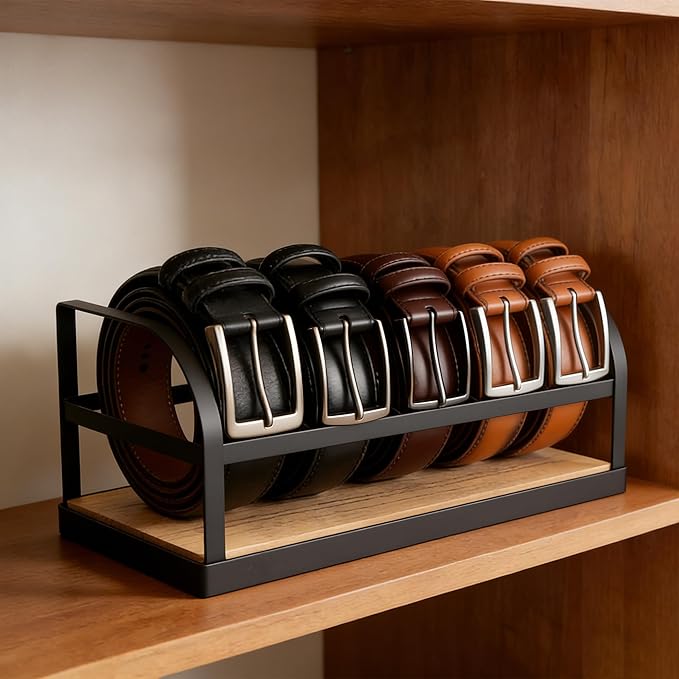 Belt Organizer - Belt Storage for Closet Drawer Dresser Wood Belt Rack Display, 5 Compartments, Gift for Man