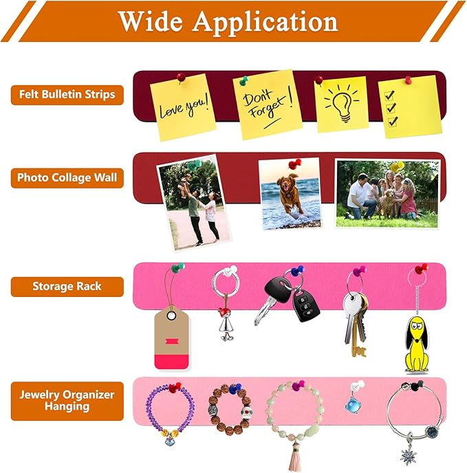 8Pcs Rectangle Felt Cork Board Bar Strips with 35 Pushpins, Self-Adhesive Bulletin Board Strips for Office School Home Wall Decor Stickers Memos Schedules Photos Display -Gradual Red