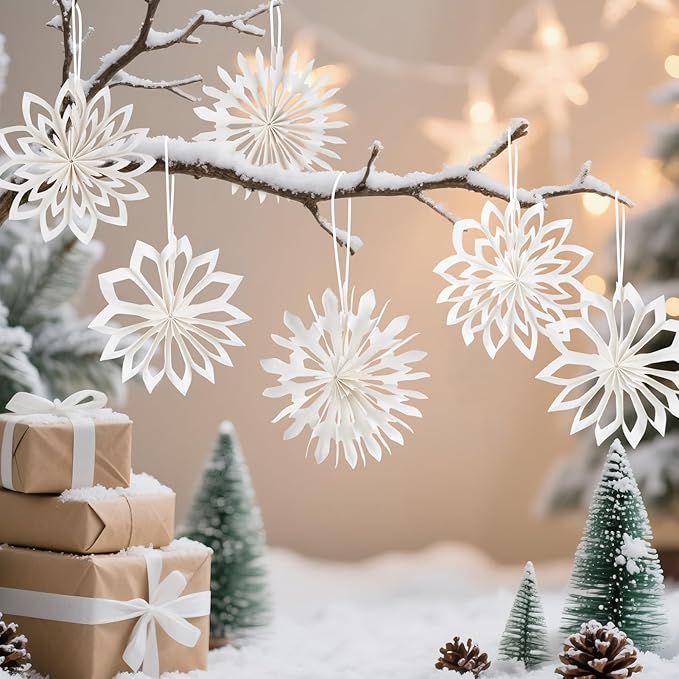 EASY JOY 9Pcs Christmas Hanging Decorations-White Snowflakes Ornaments 3D Christmas Winter Decorations Pure White Hanging Snowflake Decoration for Christmas Tree Garland Winter Home Window Room