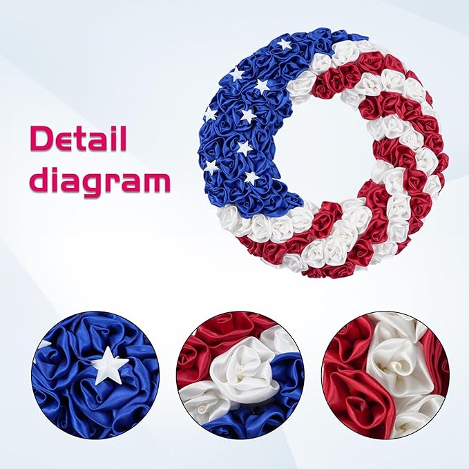 Idyllic 20 Inch Patriotic Wreath for Front Door, 4th of July Wreath with Red White Blue Silk Roses & Metal Stars, Memorial Day Day Decorations for Home Wall Porch Window