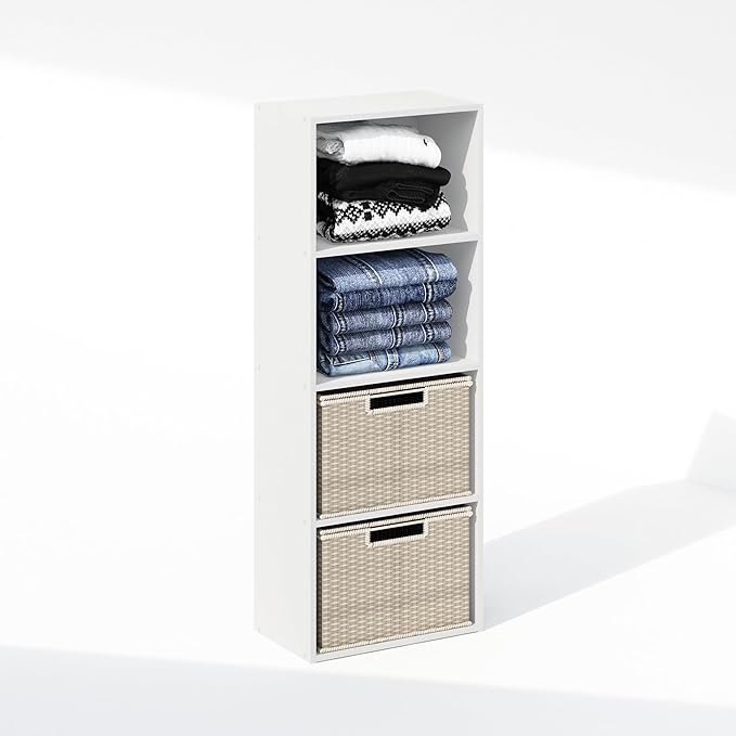 Furinno Reed Closet Organizers and Storage, 4-Tier Closet Organizer, Open Shelf Closet Storage, for Wardrobe, Bedroom, Living Room, White