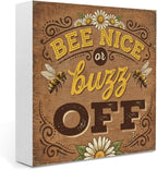 Bee Decor Summer Wall Decor Bee Nice Or Buzz Off Summer Decorations Wooden Box Sign for Home Office Farmhouse Table Shelf