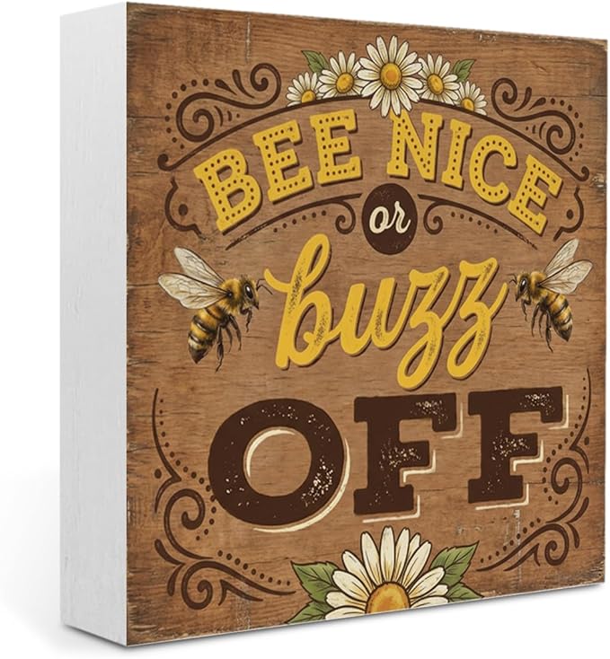 Bee Decor Summer Wall Decor Bee Nice Or Buzz Off Summer Decorations Wooden Box Sign for Home Office Farmhouse Table Shelf