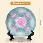 HABEN ARTWORK 10" Ceramic Plates for Display Pink Lotus Flower Butterflies Ornamental Geometric Mandala Design Blue Decorative Plate with Stand and Hook for Kitchen Dining Room Wall Hanging Decor