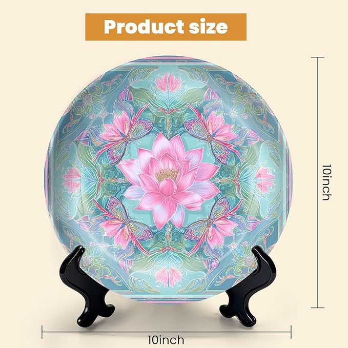HABEN ARTWORK 10" Ceramic Plates for Display Pink Lotus Flower Butterflies Ornamental Geometric Mandala Design Blue Decorative Plate with Stand and Hook for Kitchen Dining Room Wall Hanging Decor