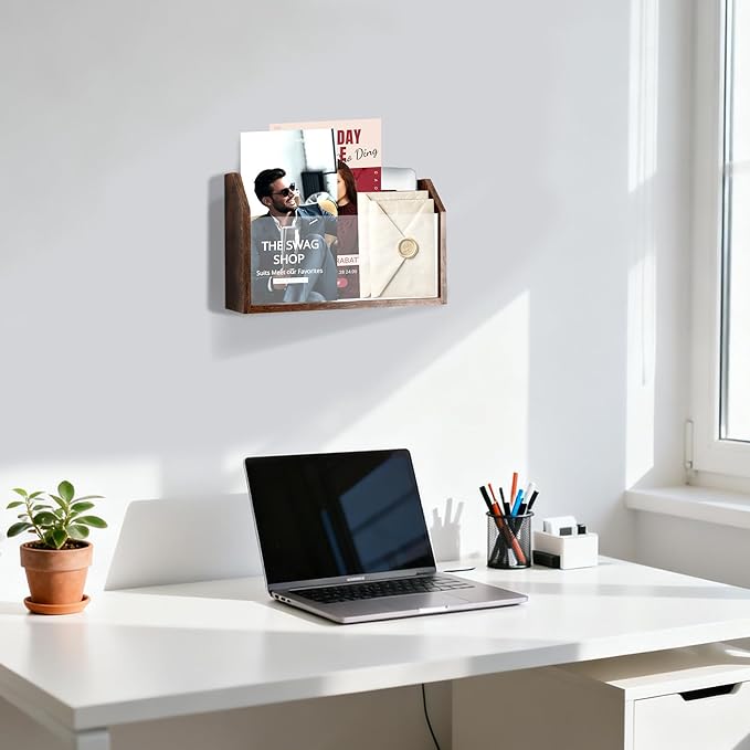 Wall Magazine Holder – Wooden Wall Mounted Magazine Rack, Clear Acrylic Panel – Magazine, Book, Home Office File Organizer – Vinyl Record Holder – Rustic Brown (2 Pack)