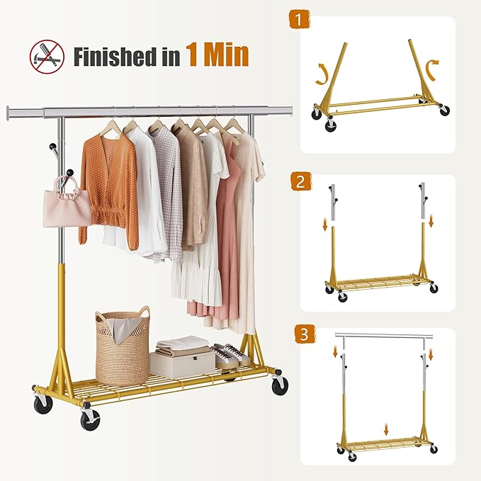 Rolling Clothes Rack Load 530lbs,Heavy Duty Garment Rack With Sturdy Wheel And Shelves, Adjustable Portable Hanging Rack For Clothes, Gold