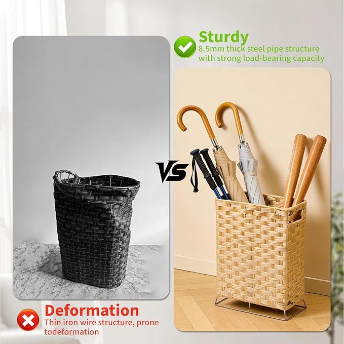 Rattan Umbrella Stand with Built-in Water Reservoir & Hooks, Hand Woven Umbrella Rack Organizer Freestanding - Stable, High-Capacity Organizer for Home and Office - 11.8" L x 5.5" W x 16.5" H