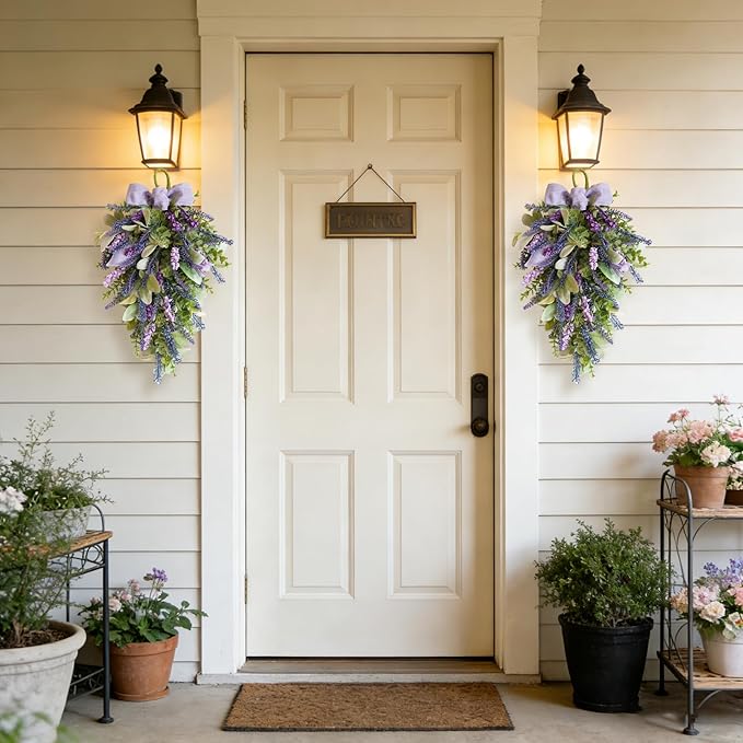 Idyllic 22 Inch Lavender Floral Swag with Bunny Ear Eucalyptus for Front Door Decor Artificial Outdoor Hanging Wedding Arch Spring Wreaths Alternative and Home Entrance Decoration